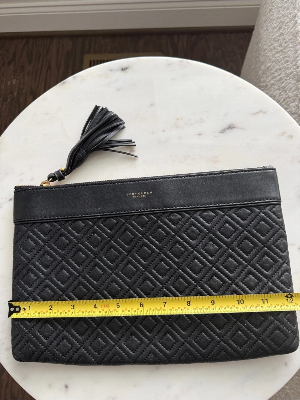Tory Burch Black Quilted Leather Tassel Zip Clutch